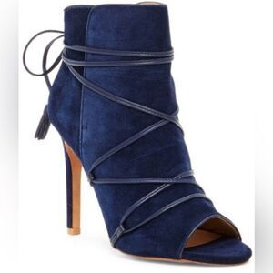 Joe’s Jeans Halsey Blue Suede Peep Toe Lace-up Stiletto Tassel Ankle Booties 8